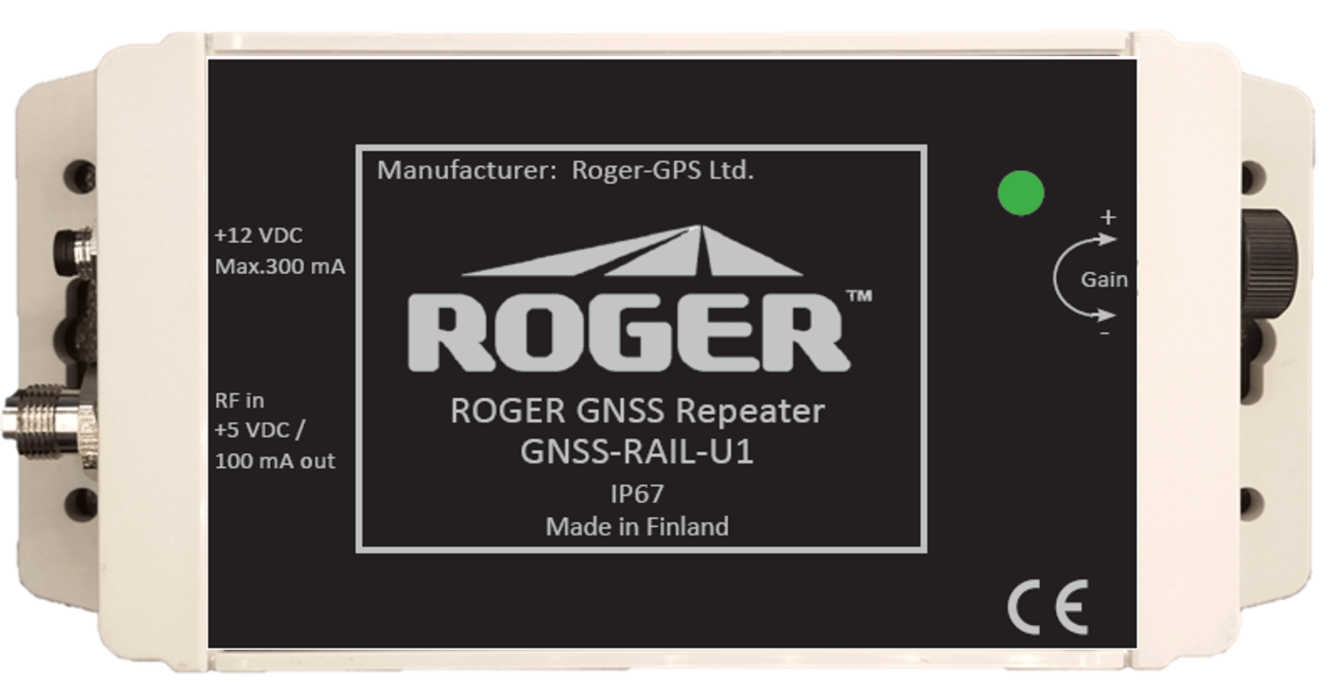 Roger-GPS GNSS-RAIL-U1 repeater for railway use; complies with EN 50155