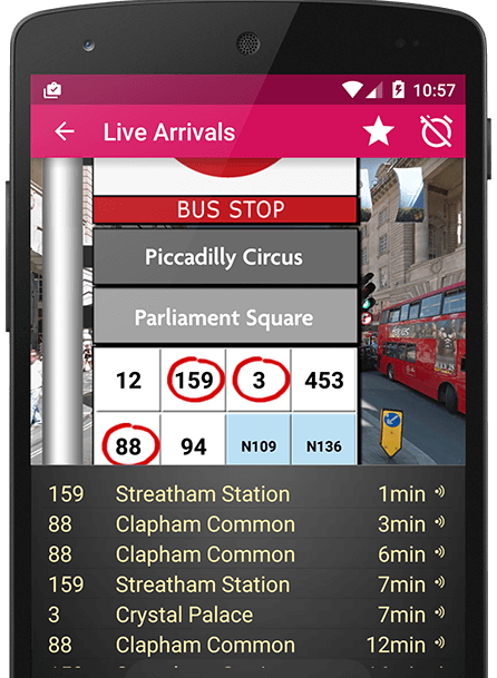 Screenshot of bus timetable app showing arrival times of the next 6 busses